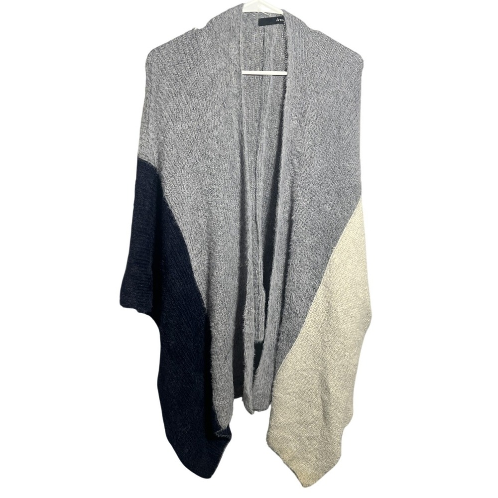ON BLUE Women's L/XL Color Block Open Front‎ Poncho Cardigan Sweater Gray Blue